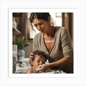 Mother And Son Washing Hands Art Print