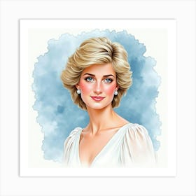 Beautiful Watercolor Of Princess Diana With A Backdrop Of Soft Blues 1 Art Print