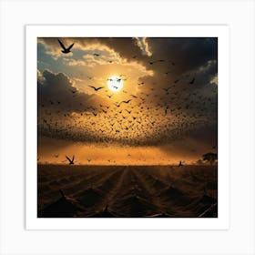 The Dance of Shadows: Thousands of Birds Soaring Under the Warm Glow of the Horizon Art Print