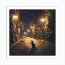 Cat In The Street At Night Art Print