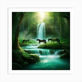 Water Stream Flowing Majestically Through An Untamed Forest Surreal Water Horses Arising From Its G Art Print