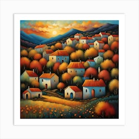 Greek Village At Sunset Art Print