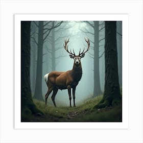 A Majestic White Tailed Deer In A Misty Forest 1 Art Print