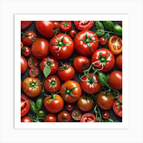 Ripe Tomatoes On Black Background Art Print