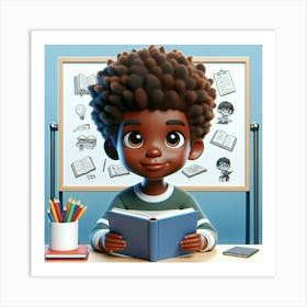 African American 6 years reading book 3D ART 2 Art Print