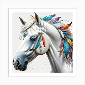 White Horse With Colorful Feathers Art Print