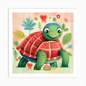 Turtle Watermelon Cute Animal Kids Wall Art Art Print