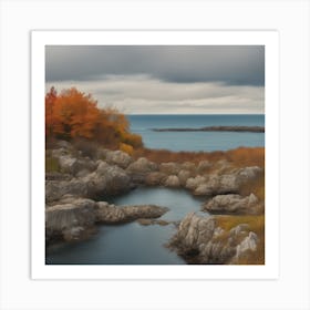 Rocky Shore With Autumn Foliage Art Print