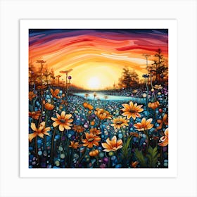 Sunset Field Of Daisies Art Print