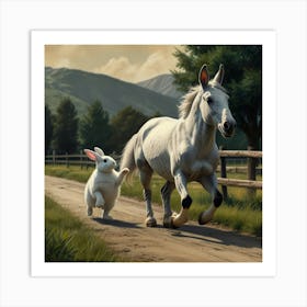 White Horse And Rabbit Art Print