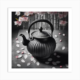 Firefly A Minimalistic Modern Rustic Beautiful Japanese Cast Iron Teapot, Illustration, A Few Sakura (3) Art Print