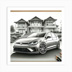 A Pencil Drawing Of A WV Golf 8 R In Front Of A Beautiful Modern Mansion 3 Art Print