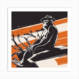 A Silhouette Of A Ape Wearing A Black Hat And Laying On Her Back On A Orange Screen, In The Style Of Art Print