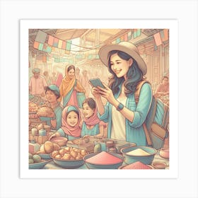 Illustration Of A Woman In A Market Art Print