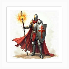 Noble Paladin With A Glowing Shield, Watercolor Art 1 Art Print