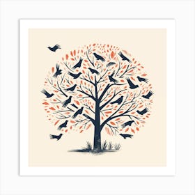 Birds Flying Around Tree Illustration Art Print