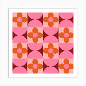 Mid Century Orange Flowers and Pink Half Circles Art Print