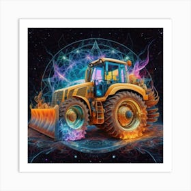 Yellow bulldozer surrounded by fiery flames 5 Art Print