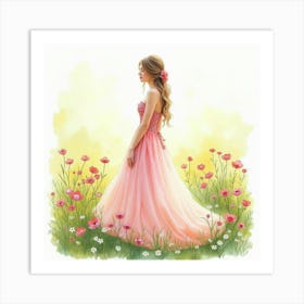 Lovely Gown Watercolor, In A Colorful Spring Meadow 1 Art Print