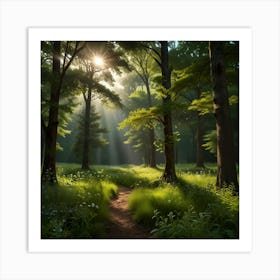 A Serene Landscape With Lush Green Trees Swaying Gently In The Breeze, A Vibrant Forest Floor Covered With Wildflowers 2 Art Print