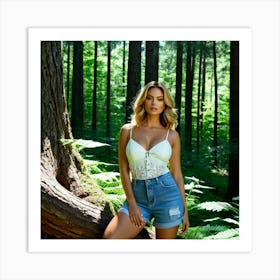 Beautiful Woman In Denim Shorts In The Forest Art Print