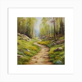 Path In The Woods.A dirt footpath in the forest. Spring season. Wild grasses on both ends of the path. Scattered rocks. Oil colors.3 Art Print