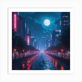 Cyberpunk Cityscape With Neon Lights, Watercolor Night Sky 1 Art Print