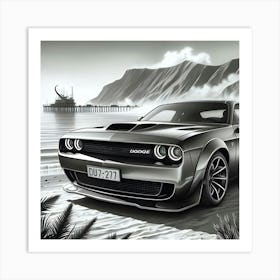 A Pencil Drawing Of A Dodge Demon At A Beach Front 2 Art Print