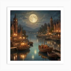 Moonlight In The Harbor 1 Art Print