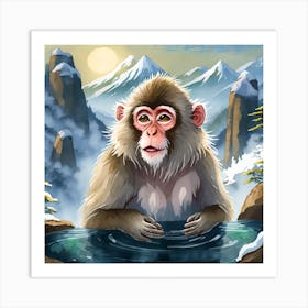 Snow Monkey In Hot Springs, Snowy Mountain And Misty Valley Art Print