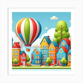 Cartoon City With Hot Air Balloon Art Print