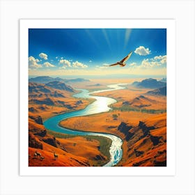 Eagle Flies Over River Art Print