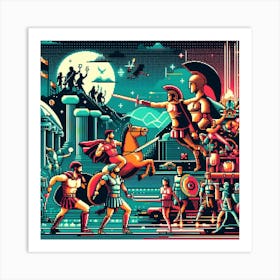 Retro Futurism: A Pixel Art Mosaic of the Labors of Hercules with a Modern Twist Art Print