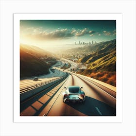 Car Driving On Highway At Sunset Art Print