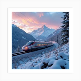 Luxury Bullet Train Traveling Along Snow Capped Mountains At Dusk 1 Art Print