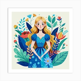 Watercolor Floral Girl In Blue Dress Art Print 1 Art Print