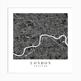 London England Minimal Black Mono Street Map  Square Art Print