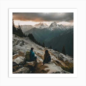 Couple Sitting On Rocks At Sunset Art Print