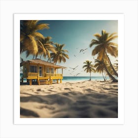 Yellow House On The Beach; tropical Art Print