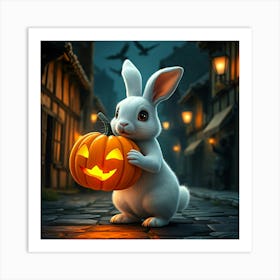 White Rabbite Hold Halloween Pumpkin - Diverse Art Illustration 26 Art Print