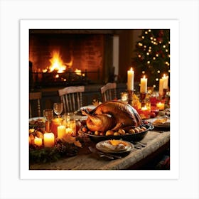 An Inviting Feast Unfolds In A Homey Abundant Setting Right At The Center A Roasted Turkey Radiati (1) Art Print