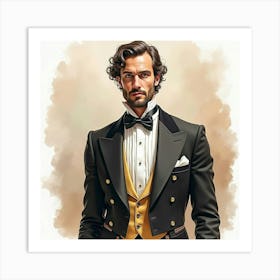 Refined Italian Gentleman In Watercolor, Dressed For A Classic Opera Night Art Print