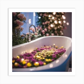Flowers In The Bathtub, lit candles, purple and yellow Art Print