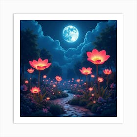 Enchanting Garden With Giant, Bioluminescent Flowers Under A Full Moon 1 Art Print