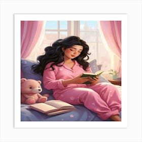 Girl Reading Teddy Bear Art Print