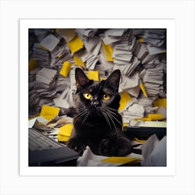 Black Cat In A Pile Of Papers Art Print