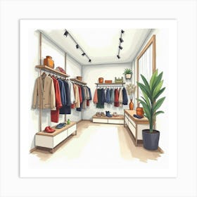 Elegant Fashion Boutique In Watercolor, Displaying Stylish Clothing And Accessories 1 Art Print