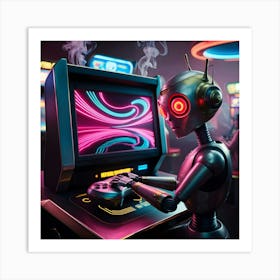 A Worn, Retro Futuristic Robot With Brass Accents And Visible Mechanical Joints Sits In A Dimly Lit, Smoke Filled Arcade, Its Glowing Red Eyes Fixed On A High Tech Video Game Console Displaying A Mesmerizing Neon Lit Virtual World (2) Art Print