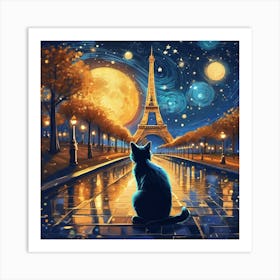 van gogh cat looking at the moon 1 Art Print