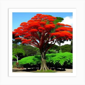 Red Tree In The Park Art Print